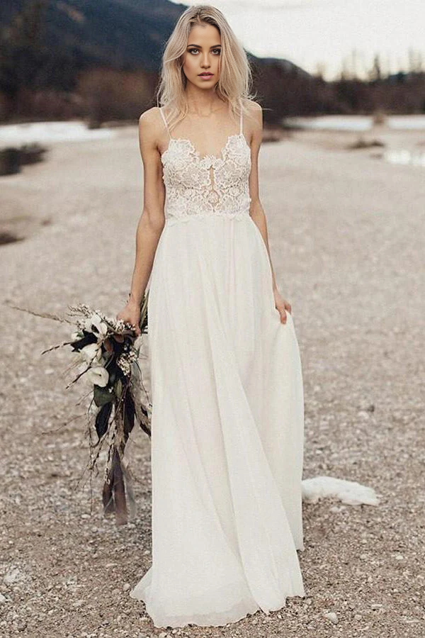 Vestidos de novia de gasa con tirantes finos y encaje playero sin espalda